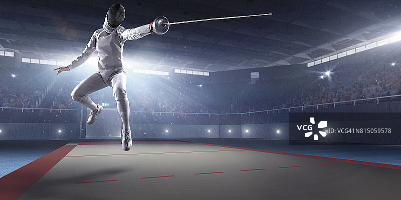 在大型专业舞台上的女子击剑运动员图片素材