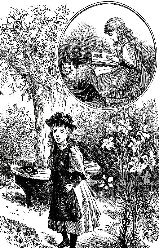 女孩在花园里寻找东西，另一边在阅读图片素材