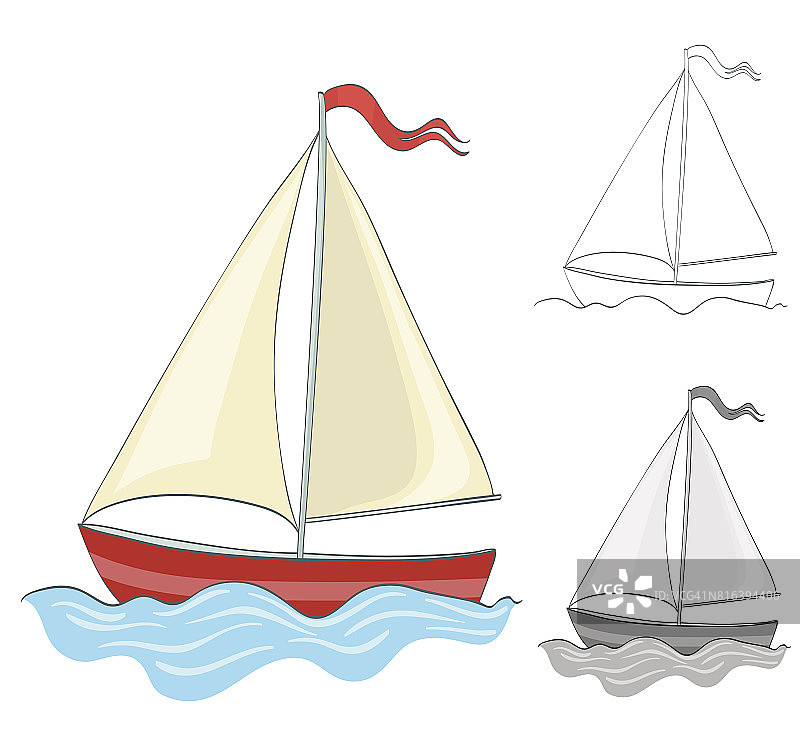 帆船简笔画（彩色和灰度版本，矢量插画）图片素材