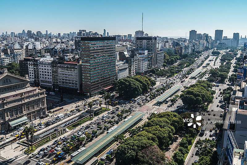 阿根廷布宜诺斯艾利斯七月九日大道及科隆剧院鸟瞰图图片素材