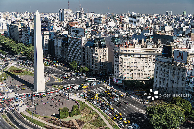 阿根廷布宜诺斯艾利斯，地标方尖碑和城市景观的7月9日大道主干道航拍图片素材
