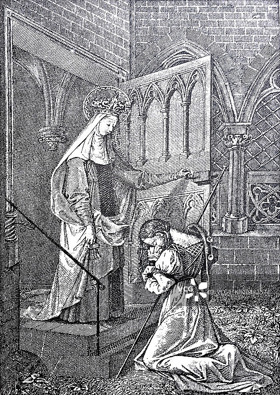 女人跪在女王面前，建筑外，门口处图片素材