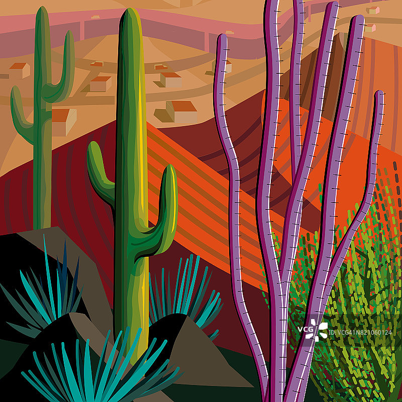 正方形沙漠仙人掌山脉景观插画图片素材