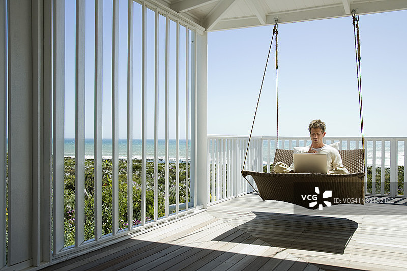 男人在门廊秋千上放松图片素材