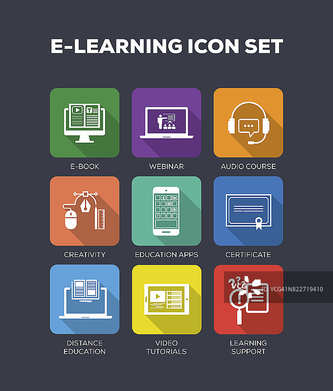 在线学习扁平图标集图片素材