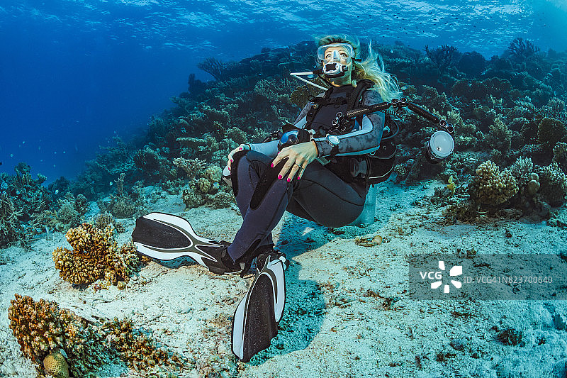 潜水员探索和欣赏珊瑚礁海洋生物图片素材