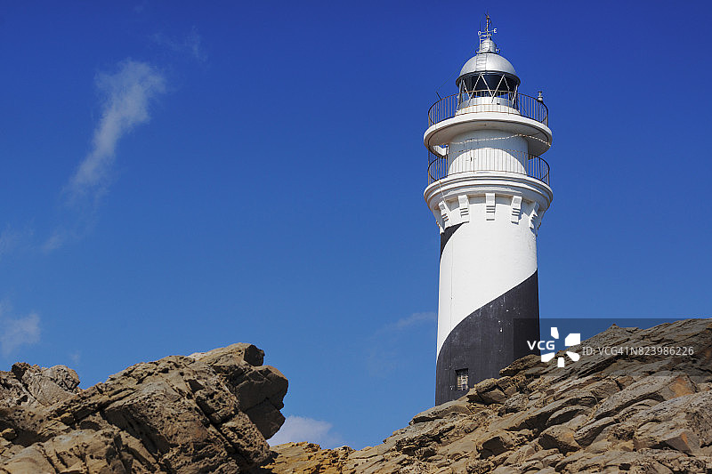 西班牙梅诺卡岛法瓦里奇灯塔蓝天背景图片素材