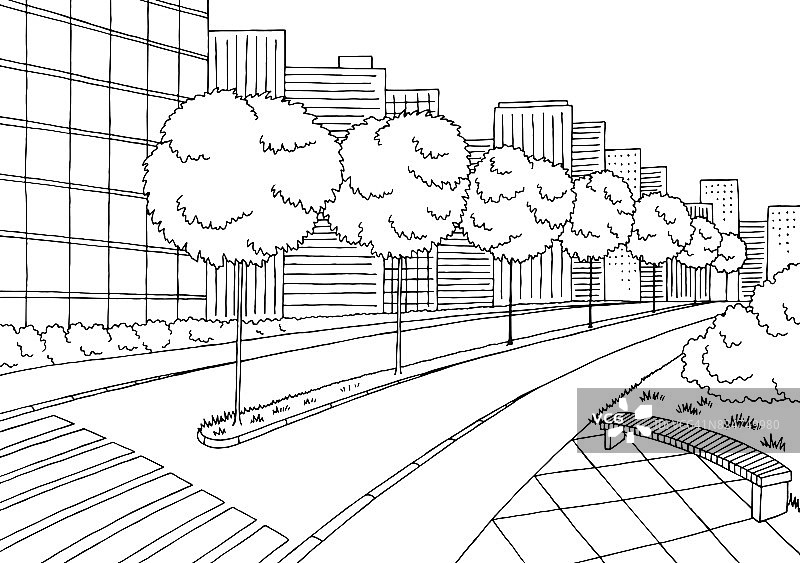 街道路平面黑白城市景观速写插图矢量图图片素材