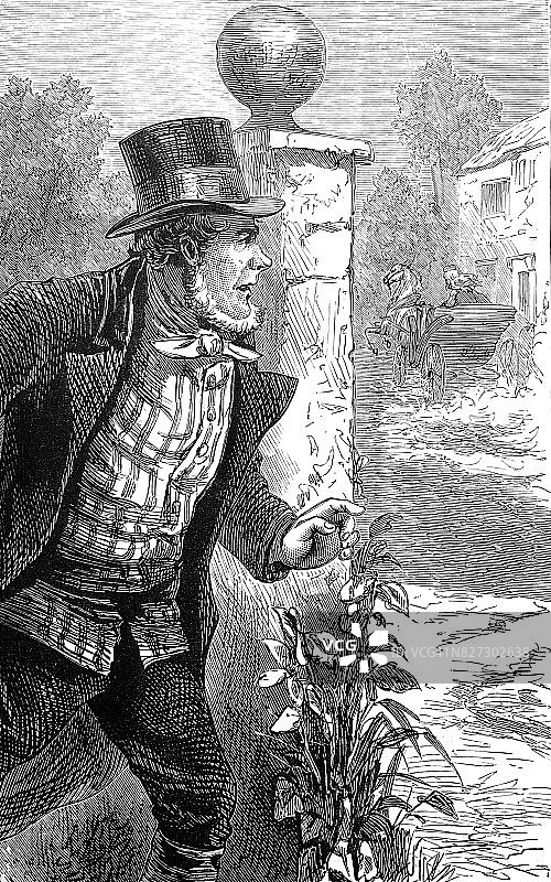 站在房子大门前寻找马车的男人图片素材