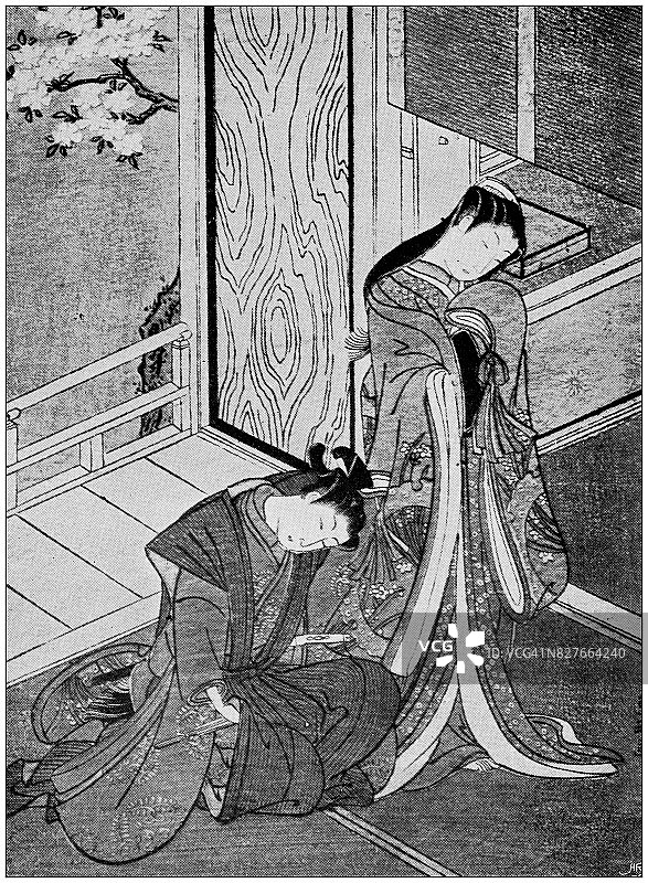喜多川歌麿笔下的两位女性古董日式插画图片素材