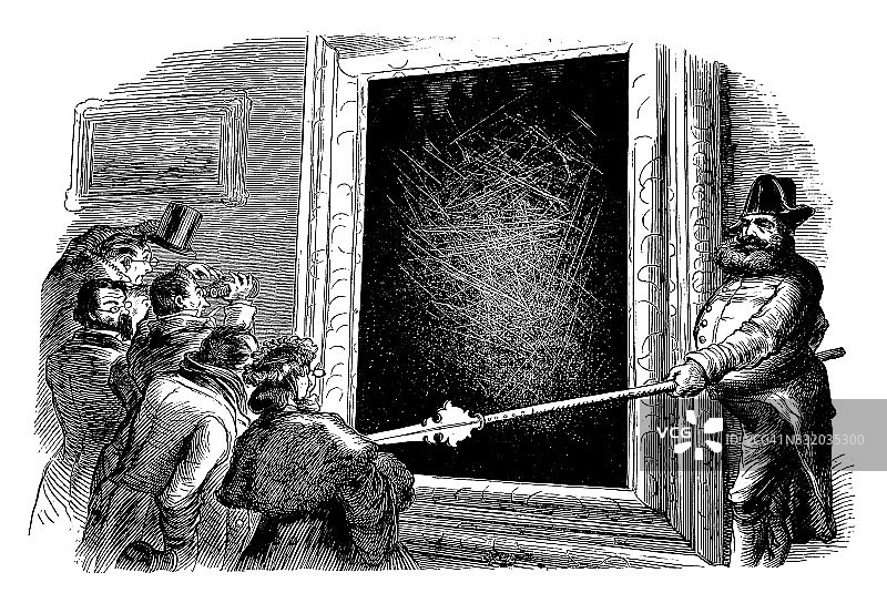 胡须警卫注视着一群盯着黑镜的人图片素材