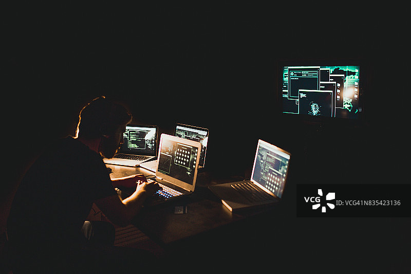 深夜使用笔记本电脑工作的黑客图片素材