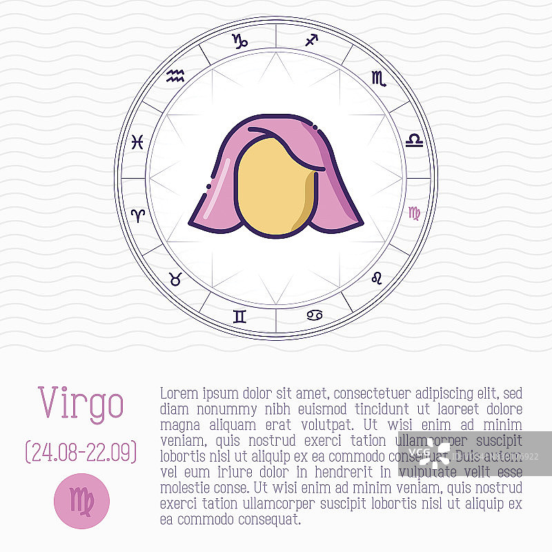 带有文本位置的处女座黄道轮盘占星图。细线矢量图。图片素材