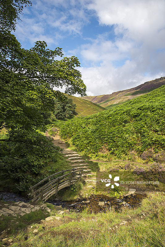 英格兰德比郡埃代尔格林兹布鲁克峡谷的步行桥图片素材