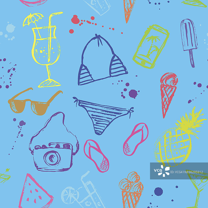 夏季无缝图案：墨水草图和污渍图片素材