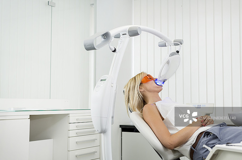 美容牙科护理 - 金发碧眼的女性躺在牙医诊室的椅子上,张开嘴进行牙齿美白,同时戴着防护眼镜和唇部牵开器,插入美白装置发出紫外线。图片素材