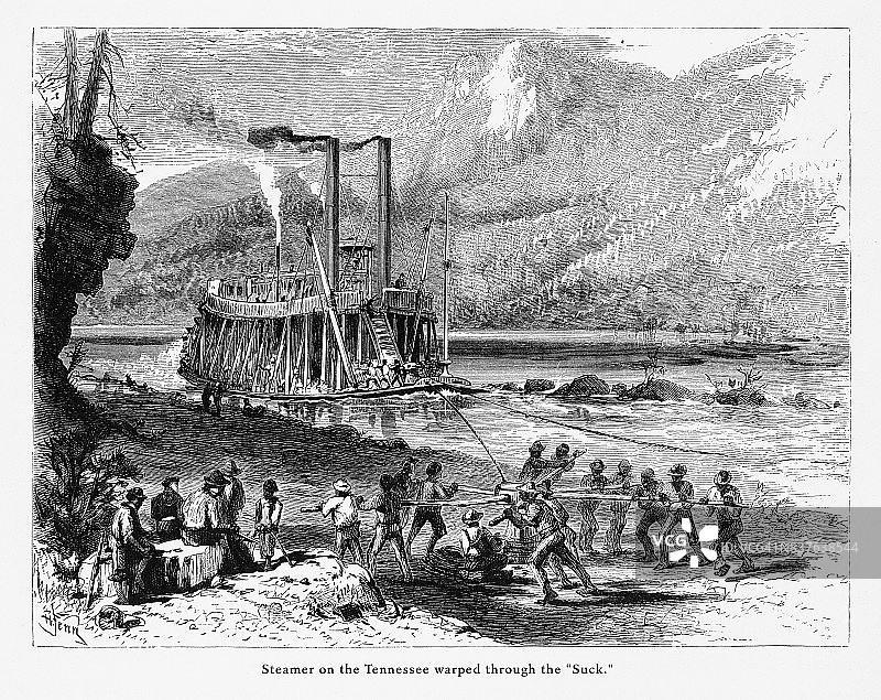 田纳西河上的蒸汽船，美国维多利亚时代版画，1872年图片素材