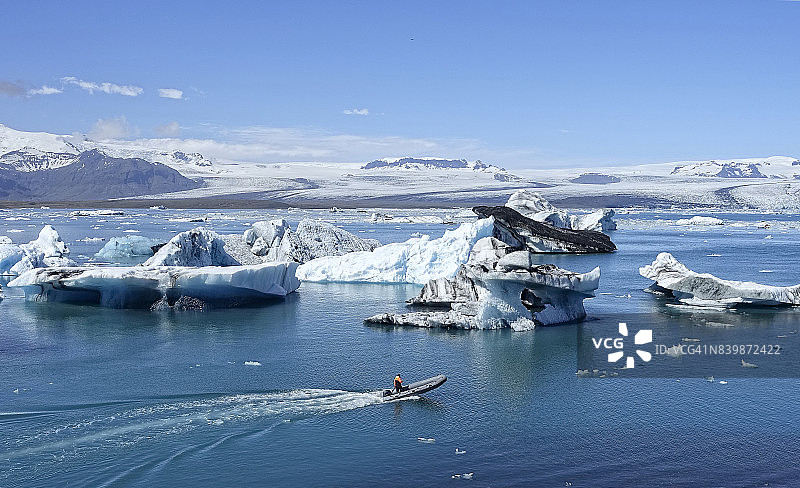 冰岛Jokulsarlon冰川泻湖中冰山之间的硬式充气艇图片素材