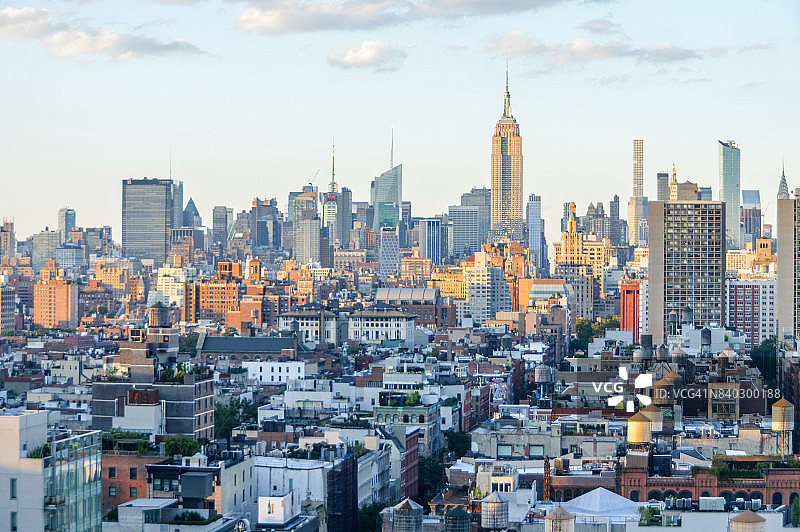 纽约市天际线与日落时分的城市景观图片素材