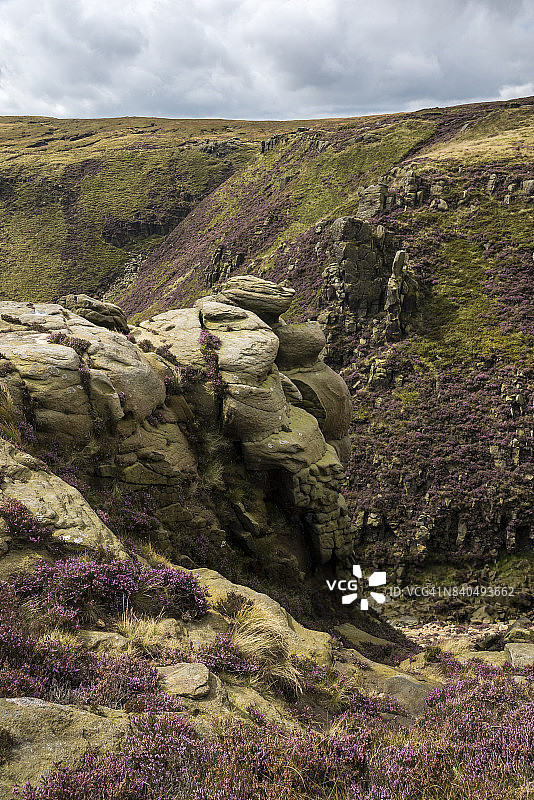 英格兰德比郡埃代尔Grindsbrook Clough上方的砂岩图片素材