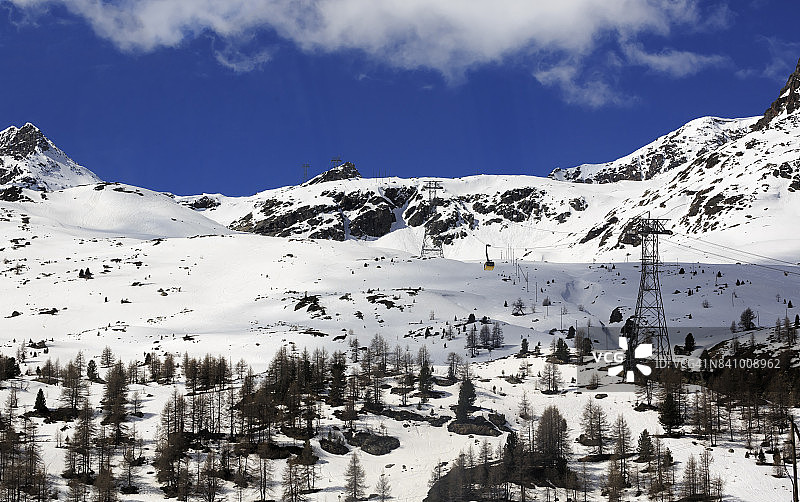 从伯尔尼纳快车欣赏瑞士阿尔卑斯山迪亚沃勒扎滑雪区图片素材