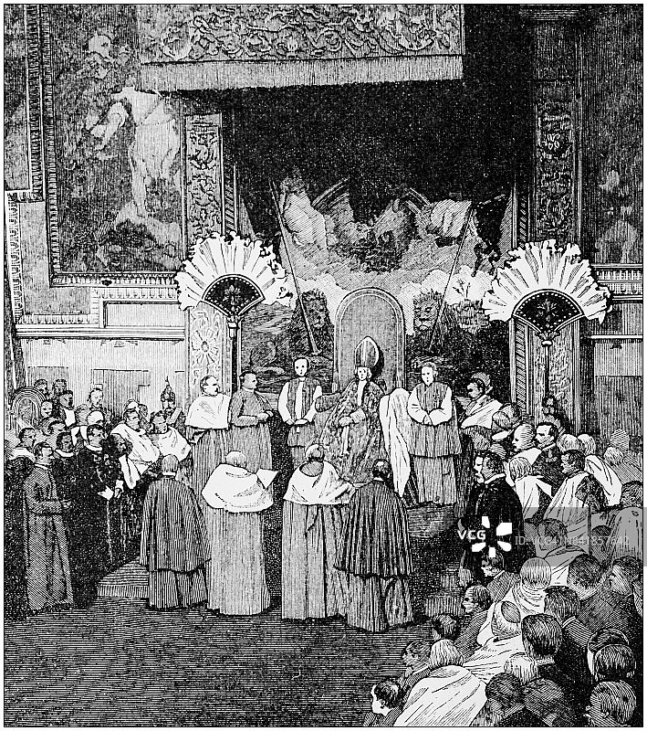 古董插画：西斯廷教堂的教皇登基图片素材