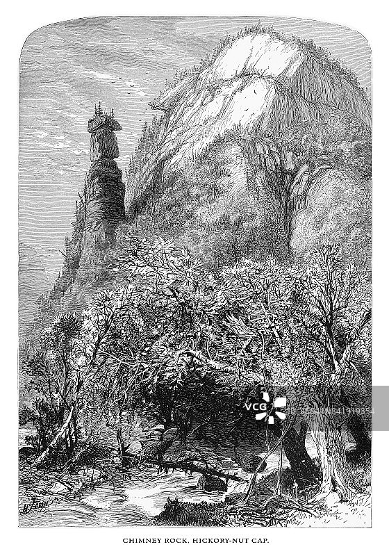 烟囱岩，山核桃，北卡罗来纳州，美国，美国维多利亚时代版画，1872年图片素材