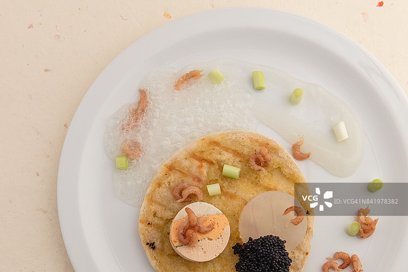 鱼肉冻糕配鱼子酱、虾、扇贝、烤面包、泡沫、凝胶和酱汁图片素材