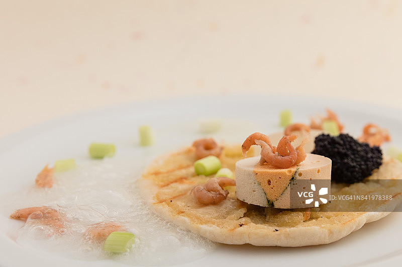 鱼肉冻糕配鱼子酱、虾、扇贝、烤面包、泡沫、凝胶和酱汁图片素材