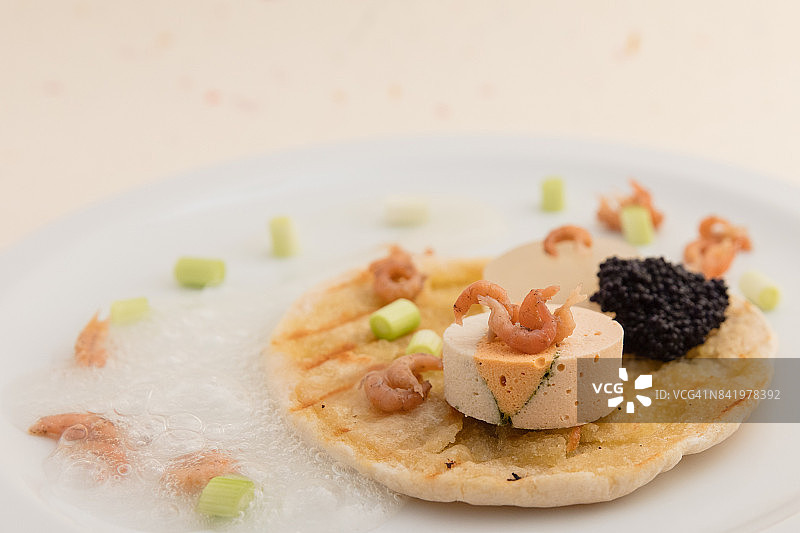 鱼肉冻糕配鱼子酱、虾、扇贝、烤面包、泡沫、凝胶和酱汁图片素材