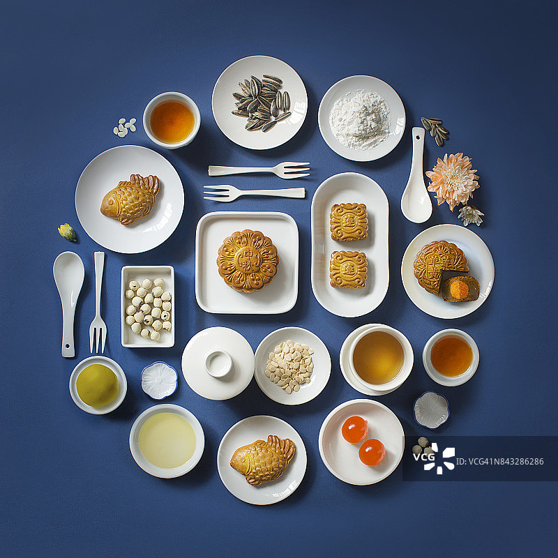 中秋节食品饮料静物扁平风格展示图片素材