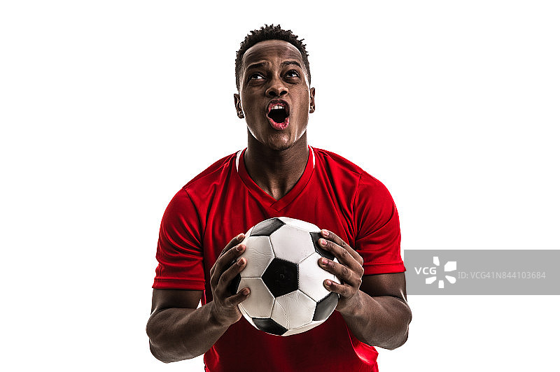 穿红色制服的体育迷在白色背景上庆祝图片素材