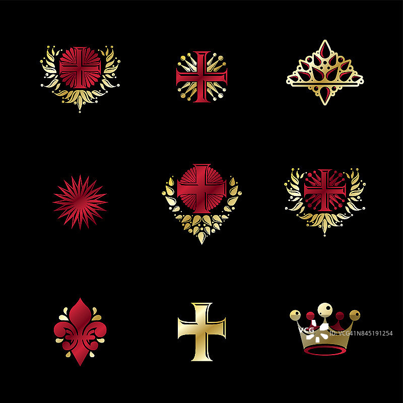 古代十字架、皇冠、星星和花卉徽章合集，纹章，复古矢量符号图片素材