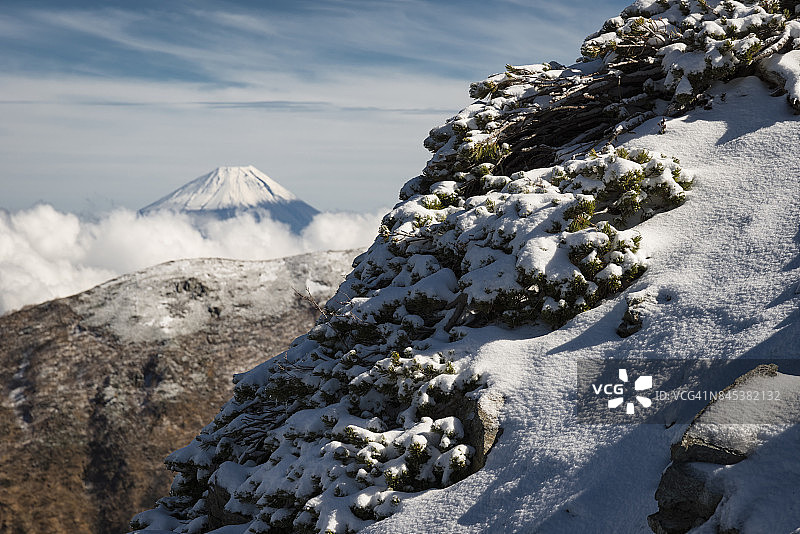 从白雪皑皑的高山上眺望富士山图片素材