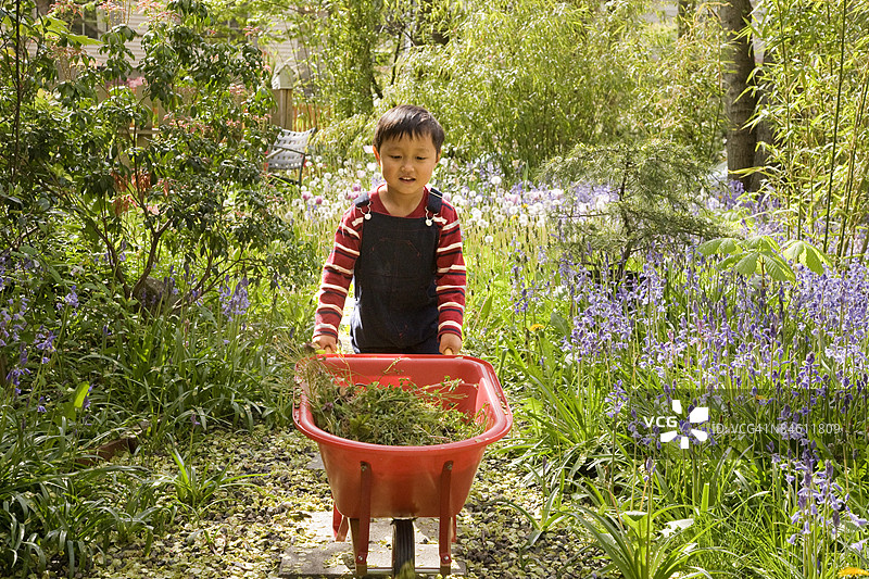 男孩推着手推车图片素材