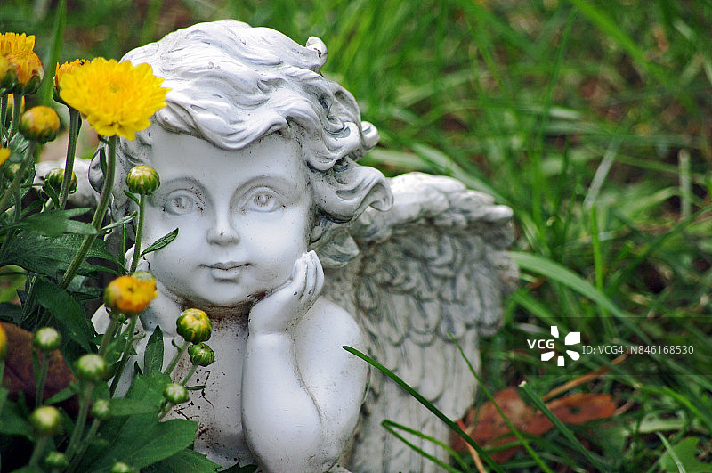 草地上的天使雕像特写图片素材