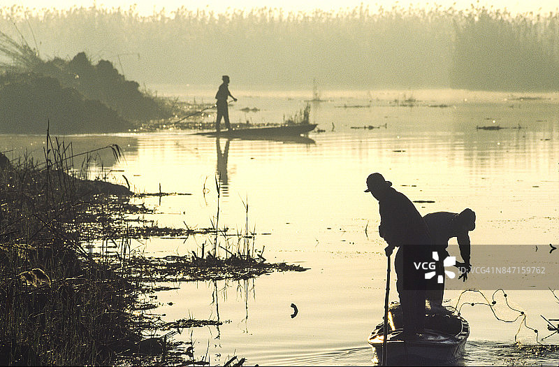 埃及亚历山大附近马雷奥蒂斯湖上的渔民剪影图片素材