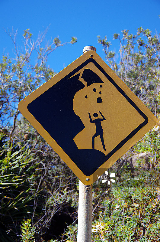 澳大利亚新南威尔士州阿拉昆国家公园海滩落石警告标志图片素材