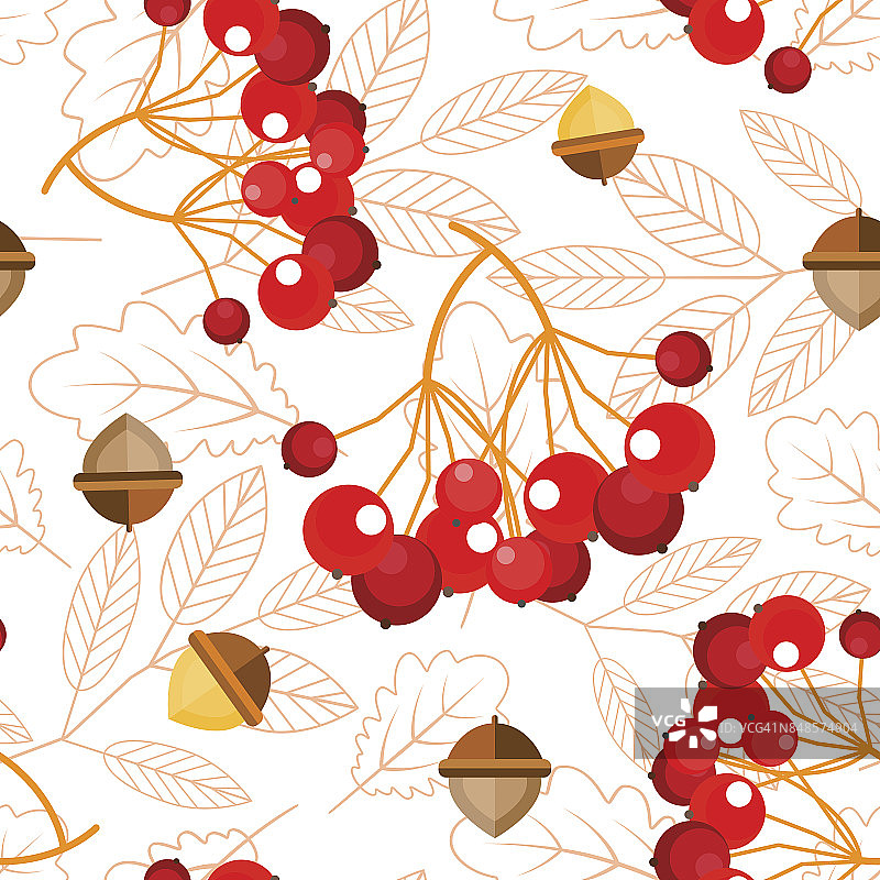 无缝图案： rowan浆果、橡子与橡树叶、花楸叶图片素材