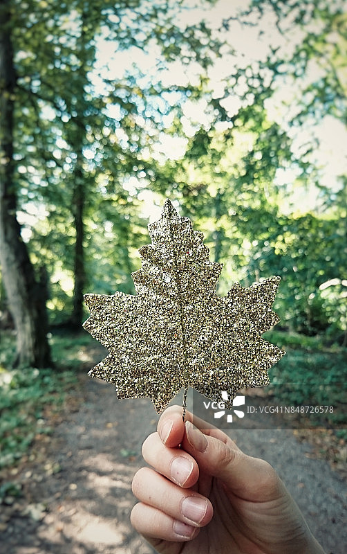 孩子手持的林间小路上的金箔造型装饰图片素材