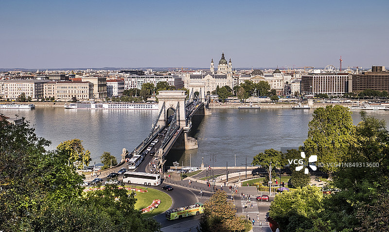 布达佩斯多瑙河、塞切尼链桥和佩斯区的广角景观图片素材