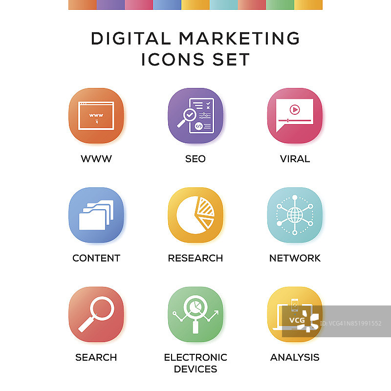 渐变背景上的数字营销图标集图片素材