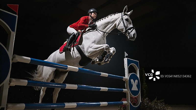 女骑手骑着白马跳过栏杆图片素材