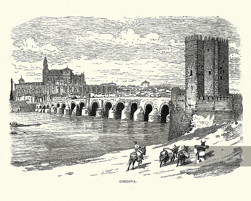 西班牙科尔多瓦，瓜达尔基维尔河上的罗马桥图片素材