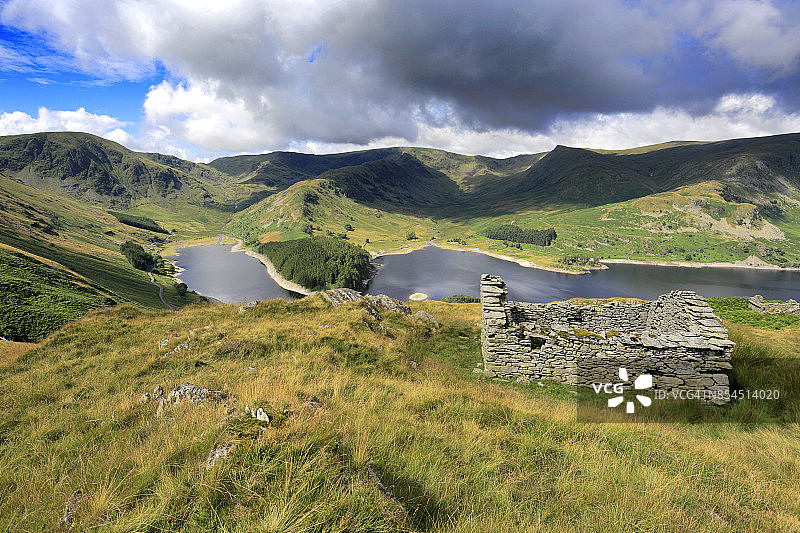 夏日俯瞰英国坎布里亚郡湖区国家公园马德尔山谷霍斯沃特水库风光图片素材