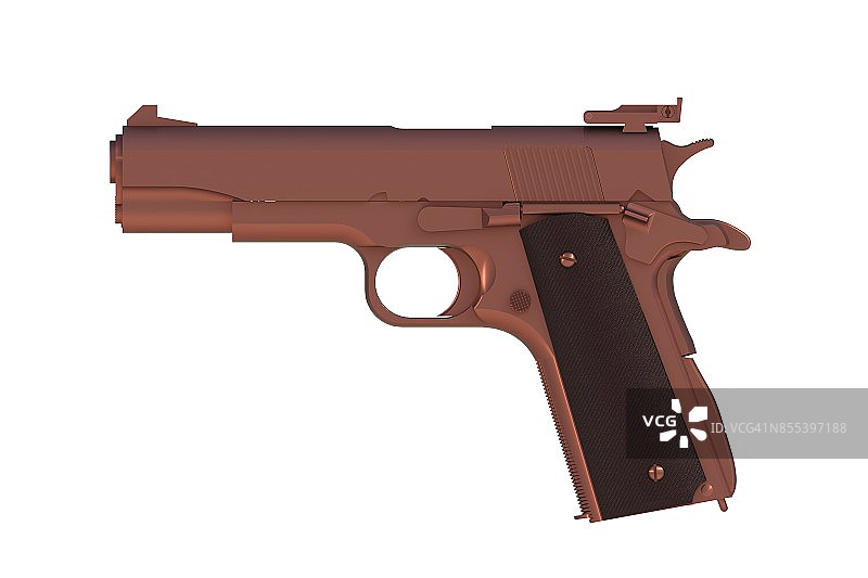 白色背景下的M1911半自动.45口径铜制手枪2.5D渲染图图片素材