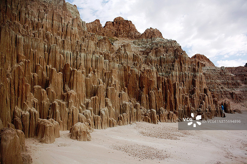 大教堂峡谷奇特的膨润土构造，徒步旅行者做比例尺图片素材