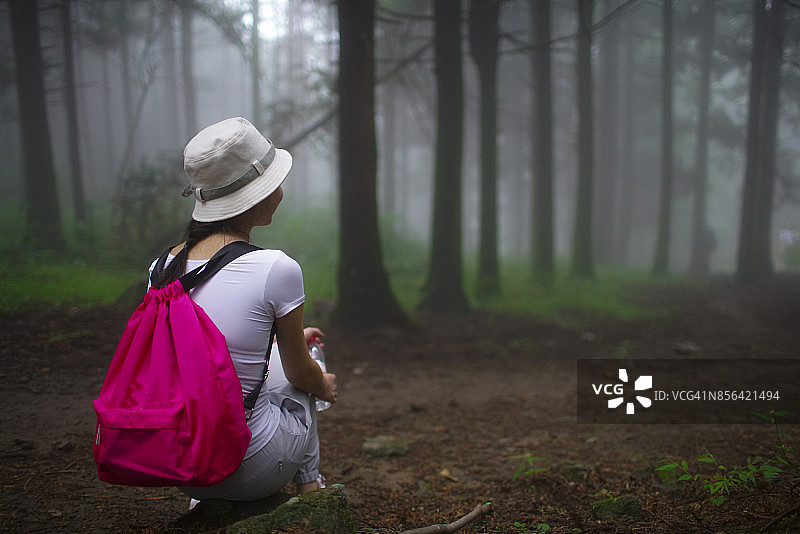 可爱的中国女孩在天目山徒步旅行，在岩石上休息，欣赏迷人的景色图片素材