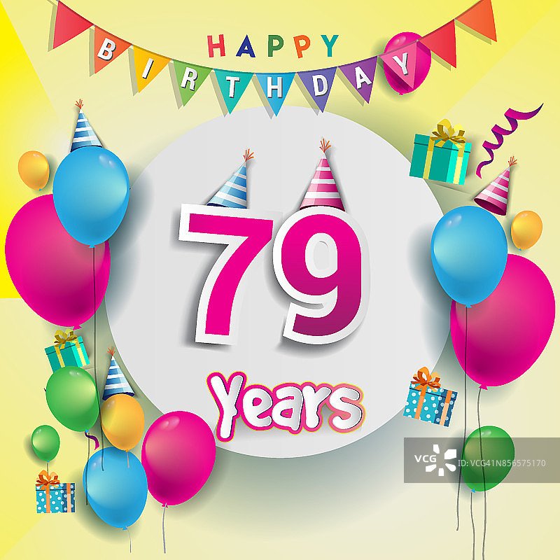 79周年庆典，带礼盒和气球的生日贺卡或问候卡设计，用于庆祝周年派对的彩色矢量元素图片素材