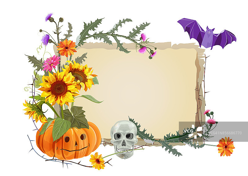 万圣节框架：带眼睛的南瓜、鲜花（向日葵、非洲菊、蓟）、带刺的树枝、骷髅、蝙蝠，白色背景。插图，水彩风格，模型，木模板，设计，矢量图片素材